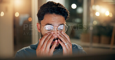 Buy stock photo Businessman, stress and night with headache for overworked pressure, deadline or mistake at office. Frustrated man, fatigue employee or working late with glasses for eye strain, migraine or burnout
