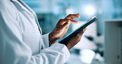 Buy stock photo Hands, biotech or person in laboratory with tablet, update or gene editing medical experiment. Data scientist, innovation breakthrough or touchscreen with science report, test or DNA research results