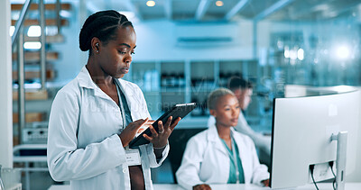 Buy stock photo Science, biotech or woman in laboratory with tablet, update or gene editing medical experiment. Data scientist, innovation breakthrough or touchscreen with health report, DNA test or research results