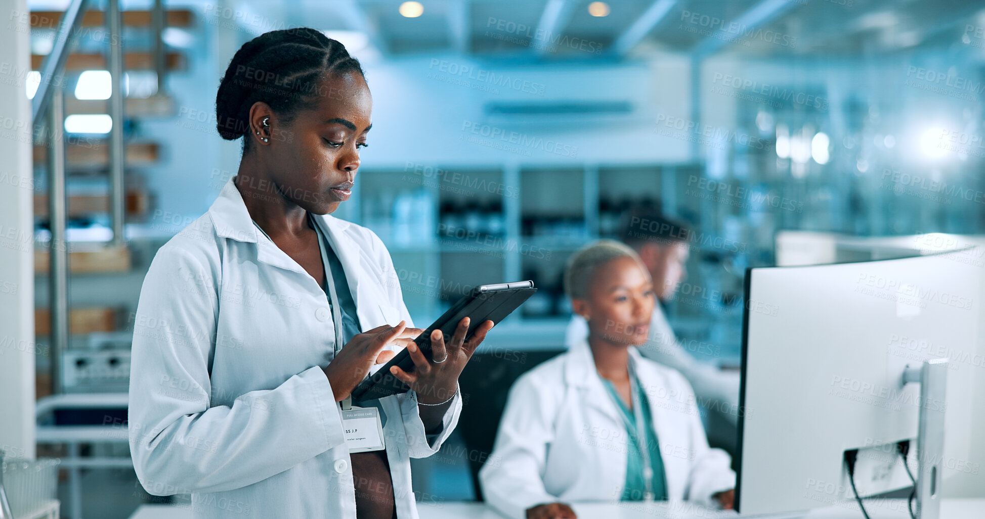 Buy stock photo Science, biotech or woman in laboratory with tablet, update or gene editing medical experiment. Data scientist, innovation breakthrough or touchscreen with health report, DNA test or research results