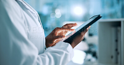 Buy stock photo Hands, research or woman in laboratory with tablet, update or gene editing medical experiment. Data scientist, innovation breakthrough or touchscreen with science report, biotech test or DNA results 