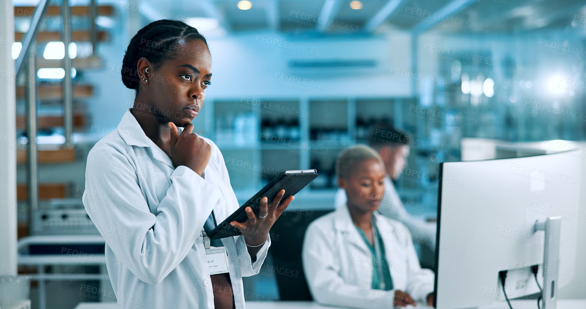 Buy stock photo Science, thinking or woman in lab with tablet, solution or gene editing in medical experiment. Data scientist, biology innovation or problem solving for health report, DNA test or research results
