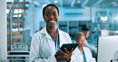 Buy stock photo Science, confident or happy woman in lab with tablet, portrait or gene editing in medical experiment. Solution, biology innovation or proud scientist with health report, DNA test or research results