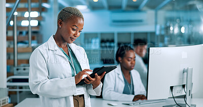 Buy stock photo Scientist, reading or woman in laboratory with tablet, update or gene editing medical experiment. Science, innovation breakthrough and touchscreen with health report, DNA test or research results