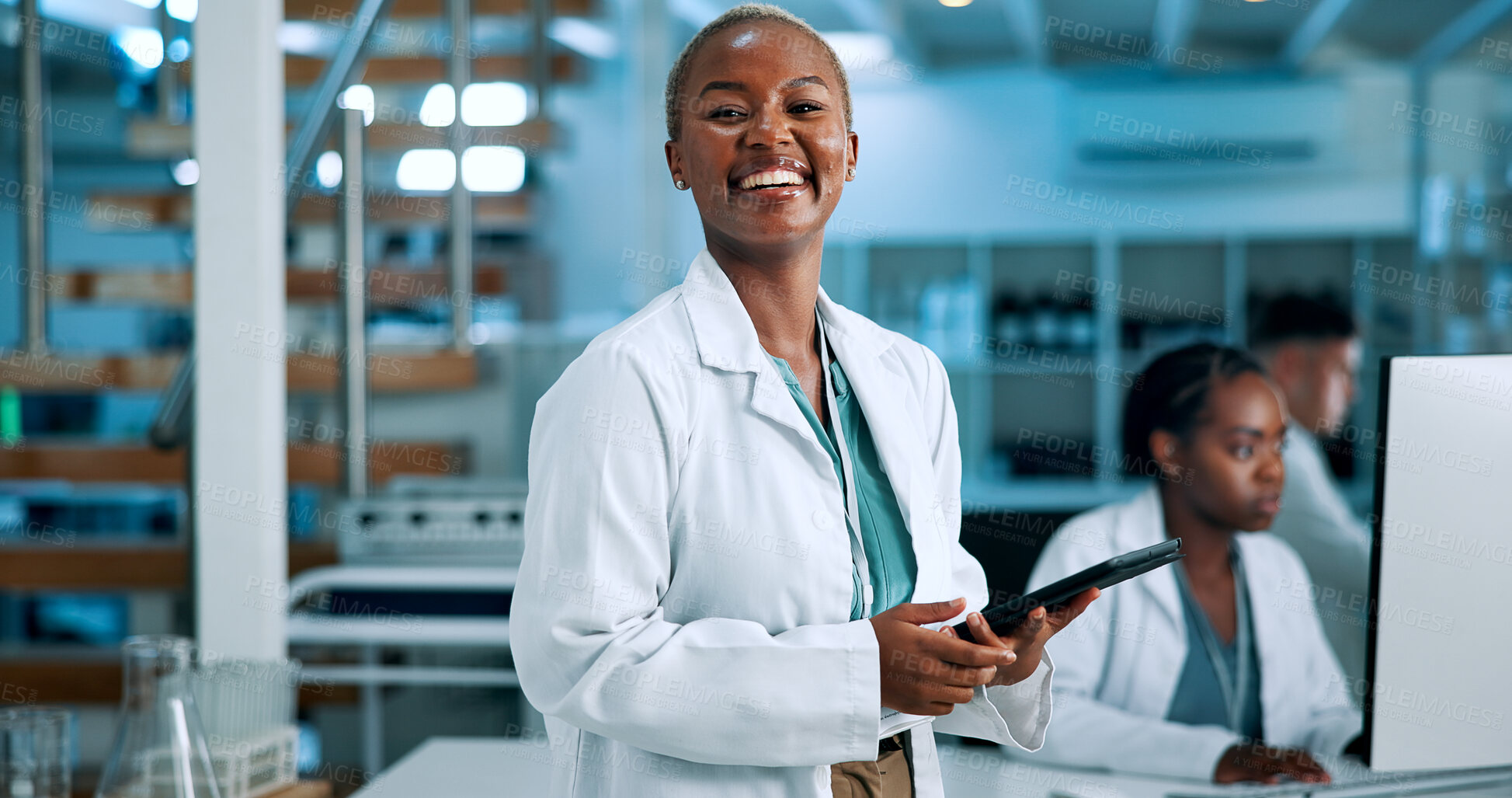 Buy stock photo Scientist, confident or happy woman in lab with tablet, portrait or gene editing in medical experiment. Smile, biology innovation or proud person with science report, DNA test or research results