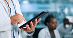 Hands, biotech or scientist in laboratory with tablet, update and gene editing in medical experiment. Person, innovation breakthrough or touchscreen with science report, test or DNA research results