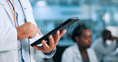 Buy stock photo Hands, biotech or scientist in laboratory with tablet, update and gene editing in medical experiment. Person, innovation breakthrough or touchscreen with science report, test or DNA research results