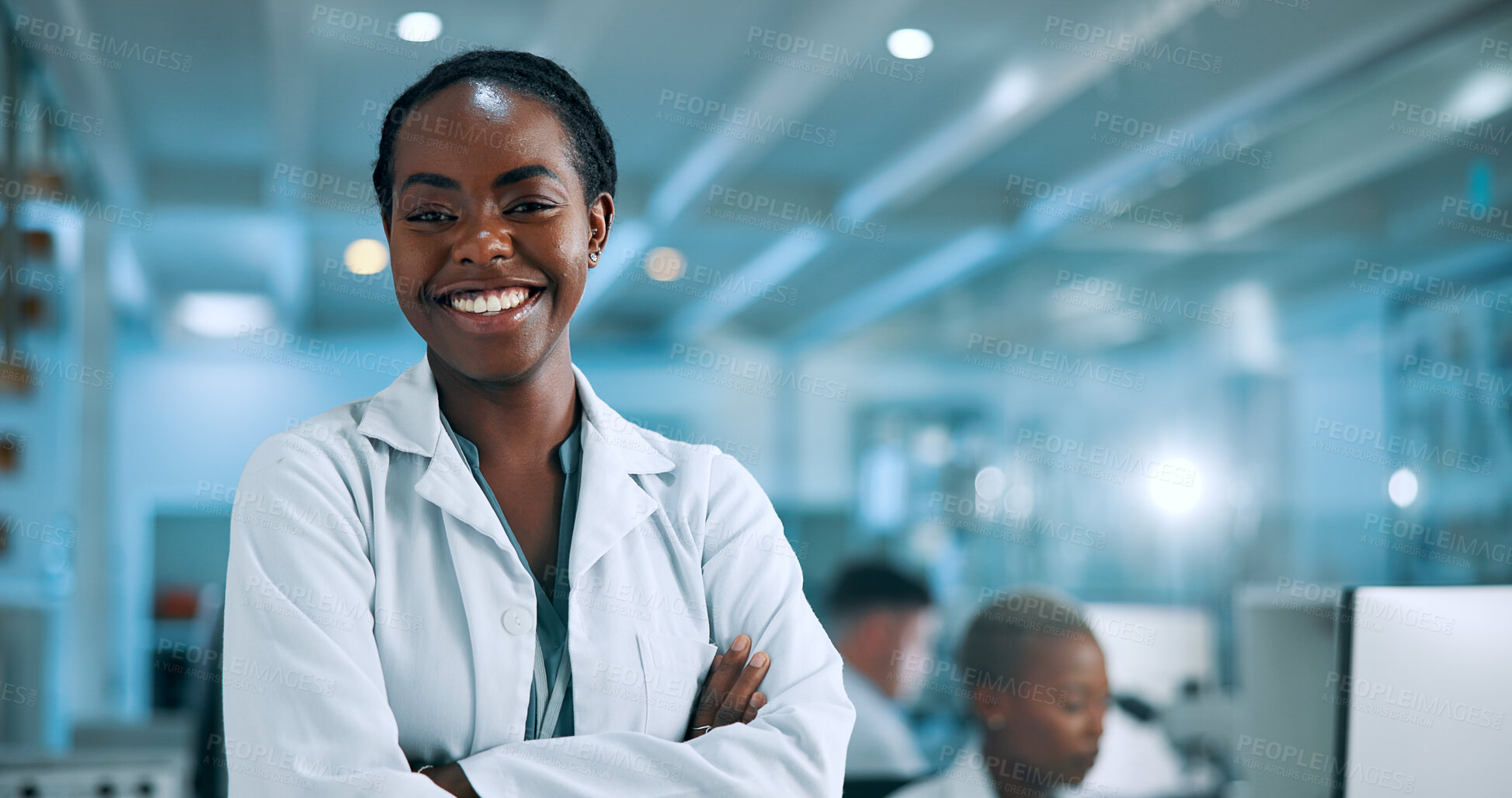 Buy stock photo Laboratory, woman and portrait with smile for pride, medical research and about us with confidence. Healthcare, female person and scientist with arms crossed for science or pharmaceutical development