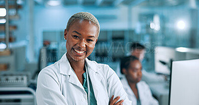 Buy stock photo Laboratory, woman and portrait with about us for confidence, medical research and smile with pride. Healthcare, female person and scientist with arms crossed for science or pharmaceutical development