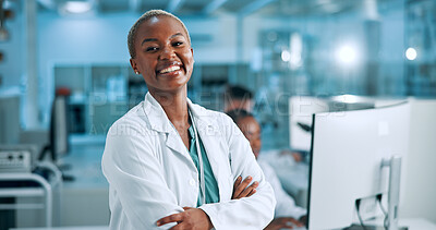 Buy stock photo Laboratory, woman and portrait with smile for arms crossed, medical research and about us with pride. Healthcare, female person and scientist with confidence for science or pharmaceutical development