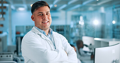 Buy stock photo Laboratory, man and scientist in portrait for arms crossed, medical research or about us with pride. Healthcare, male person and doctor with confidence for science, test or pharmaceutical development