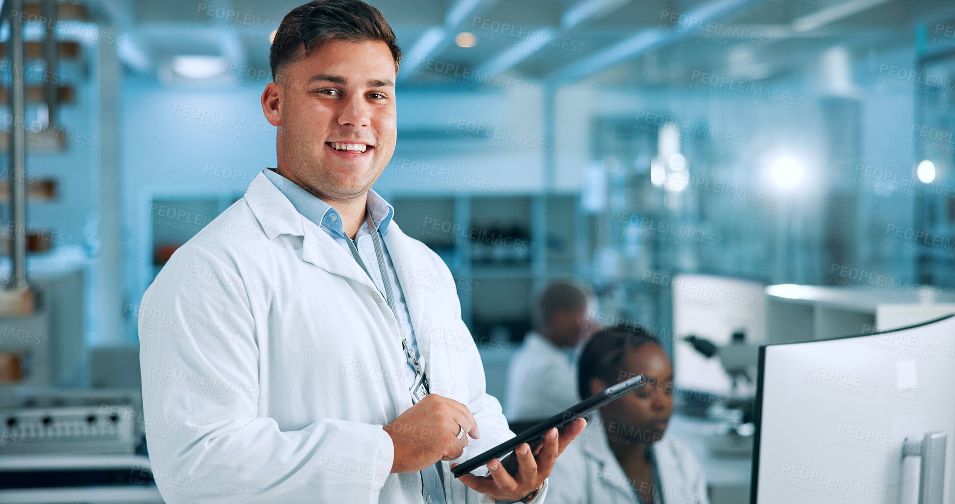 Buy stock photo Man, medical or scientist in portrait with tablet, smile and gene editing in biotech experiment. Laboratory, innovation breakthrough or touchscreen with science report, test or DNA research results