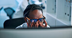 Glasses, tired and computer with woman in laboratory for research burnout, eyestrain fatigue or healthcare. Medical, mental health or vision crisis with person for stress, vaccine deadline or science