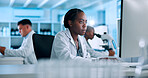 Woman, medical or scientist in lab with computer, news update and gene editing in biotech experiment. Reading, innovation breakthrough or touchscreen with science report, test or DNA research results
