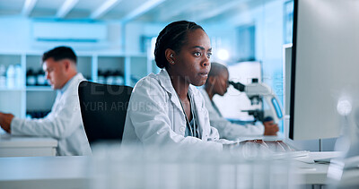 Buy stock photo Woman, medical or scientist in lab with computer, news update and gene editing in biotech experiment. Reading, innovation breakthrough or touchscreen with science report, test or DNA research results