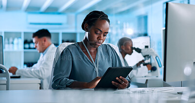Buy stock photo Woman, medical or data scientist in lab with tablet, news and gene editing in biotech experiment. Check, innovation breakthrough or reading update with science report, test or DNA research results
