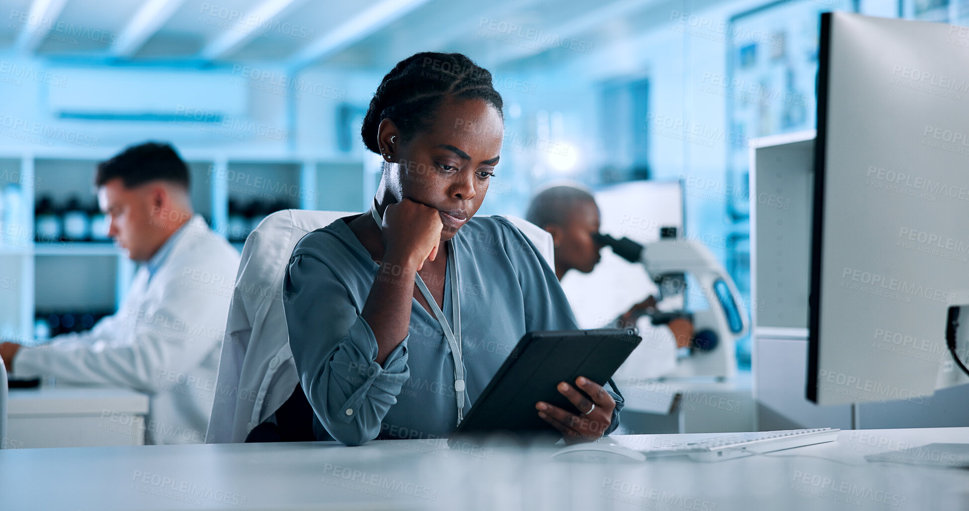 Buy stock photo Data scientist, reading or woman in lab with tablet, news update or gene editing in medical experiment. Health check, biology innovation or person with science report, DNA test or research results