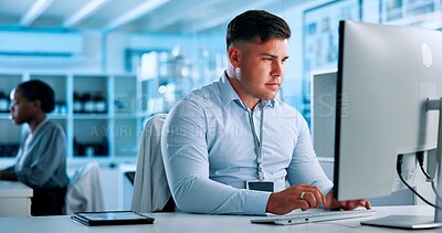 Buy stock photo Science, lab and man on computer for online research, medicine analysis and medical report. Healthcare, clinic administrator and person on pc for planning experiment, pharmaceutical study and results