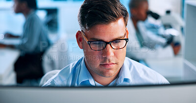 Buy stock photo Computer, reading and man with glasses in lab for online research, analysis and medical report. Healthcare, administration and person on pc for planning experiment, pharmaceutical study and results