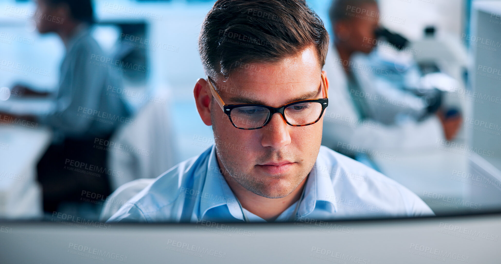 Buy stock photo Computer, reading and man with glasses in lab for online research, analysis and medical report. Healthcare, administration and person on pc for planning experiment, pharmaceutical study and results
