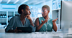 Talking, biotech or black people in lab with tablet, computer or gene editing medical experiment. Data scientist, innovation consultant or teamwork with science report, test or DNA research results
