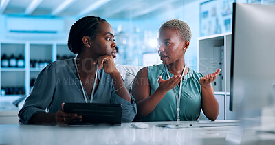 Buy stock photo Talking, biotech or black people in lab with tablet, computer or gene editing medical experiment. Data scientist, innovation consultant or teamwork with science report, test or DNA research results