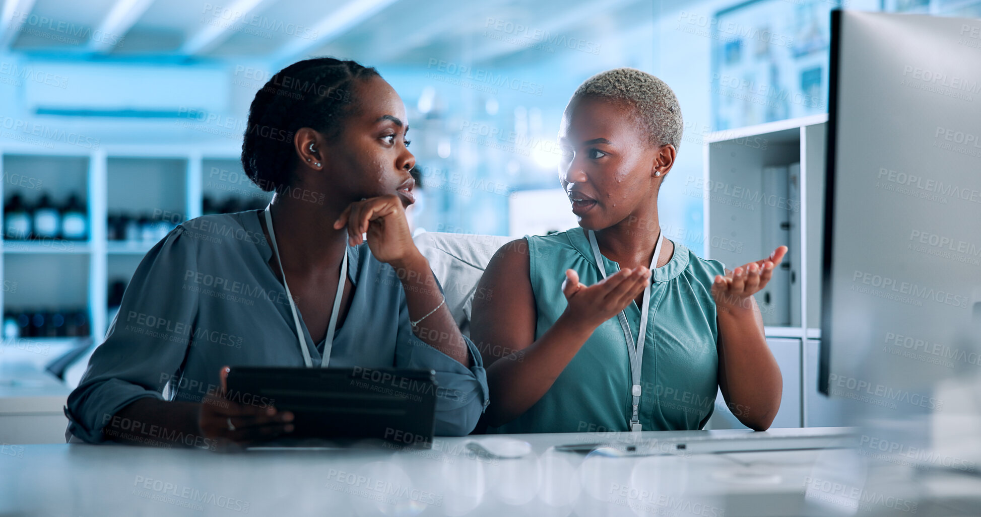 Buy stock photo Talking, biotech or black people in lab with tablet, computer or gene editing medical experiment. Data scientist, innovation consultant or teamwork with science report, test or DNA research results