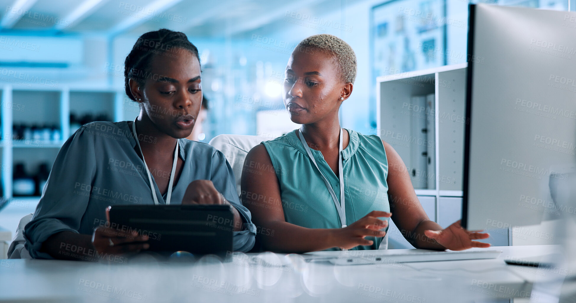 Buy stock photo Talking, data scientist or black people in lab with tablet, computer or gene editing medical experiment. Biotech, innovation consultant or teamwork with science report, test or DNA research results 