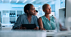 Talking, data scientist or black people in lab with computer, update or gene editing medical experiment. Tablet, innovation consultant or teamwork with science report, test or DNA research results