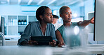 Teamwork, data scientist or black people in lab with computer, tablet or gene editing medical experiment. Talking, women or innovation consultant with science report, test or DNA research results