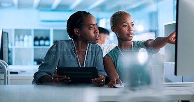 Buy stock photo Teamwork, data scientist and people in lab with computer, tablet and gene editing in medical experiment. Talking, women or innovation consultant with science report, test and DNA research results