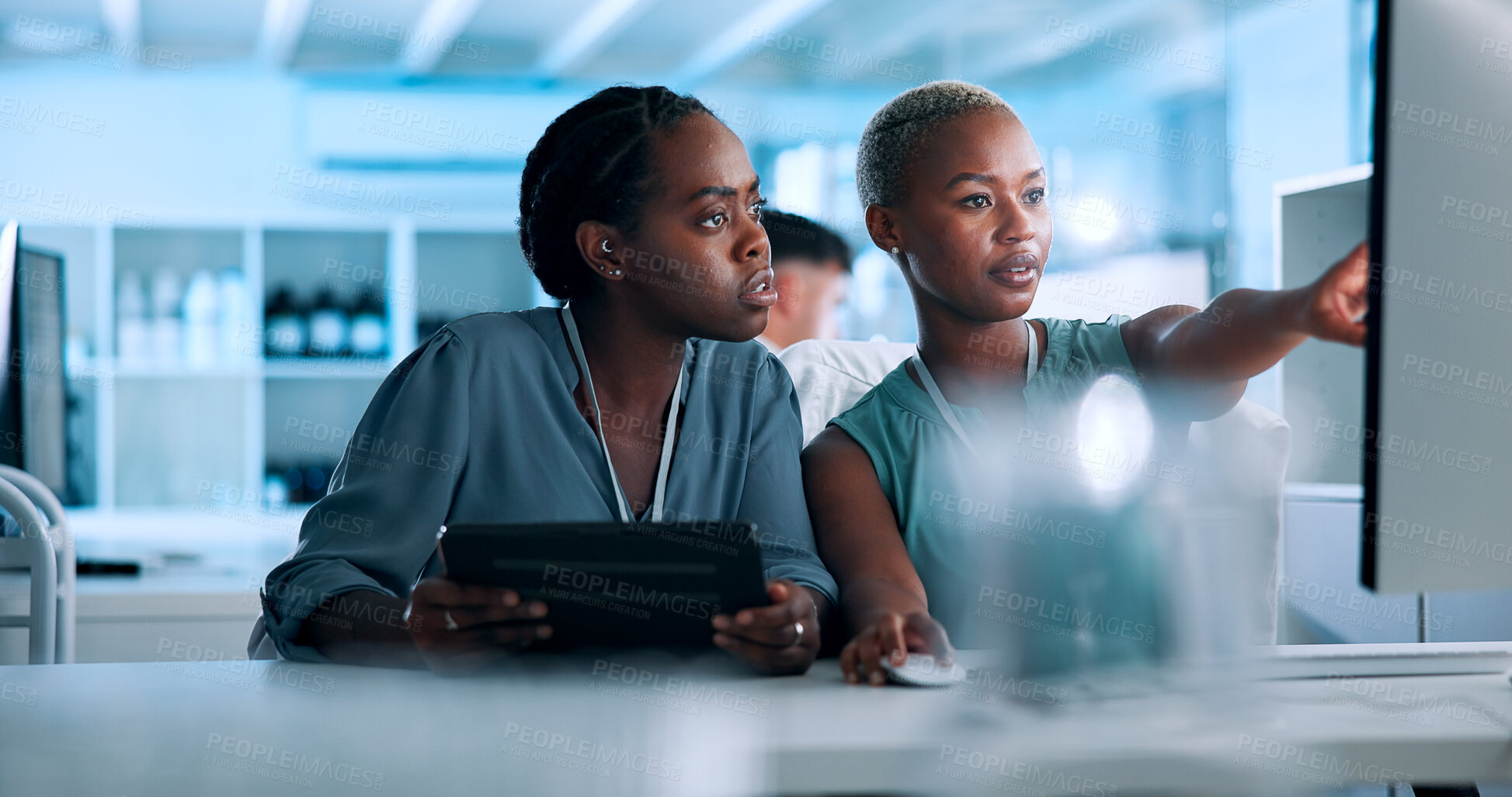 Buy stock photo Teamwork, data scientist and people in lab with computer, tablet and gene editing in medical experiment. Talking, women or innovation consultant with science report, test and DNA research results