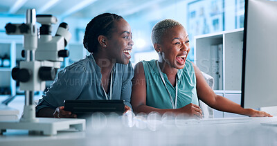 Buy stock photo Excited, data scientist or black people in lab with celebration, computer or gene editing medical experiment. Happy, women or innovation consultant with science breakthrough, test or research results