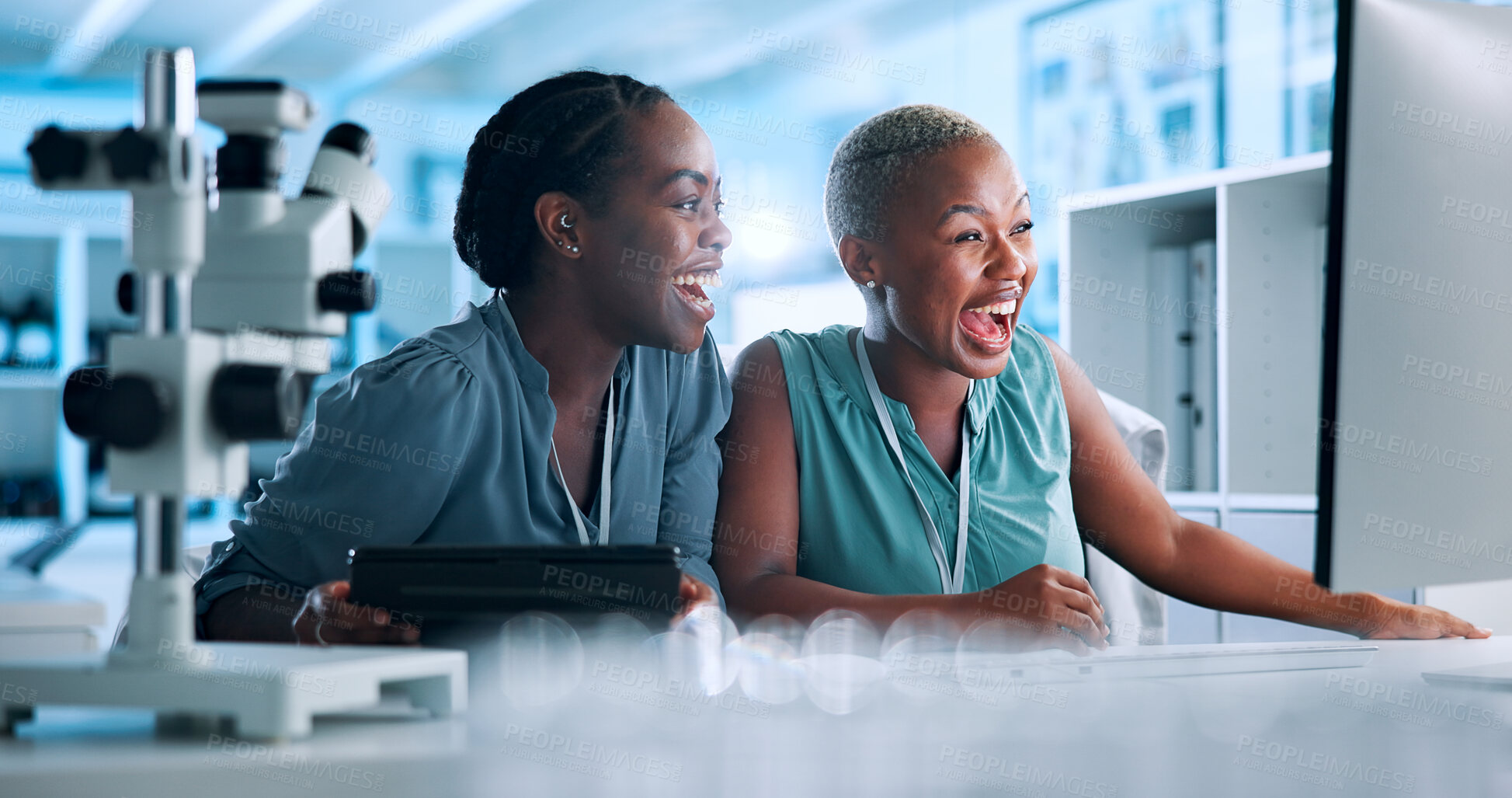 Buy stock photo Excited, data scientist or black people in lab with celebration, computer or gene editing medical experiment. Happy, women or innovation consultant with science breakthrough, test or research results