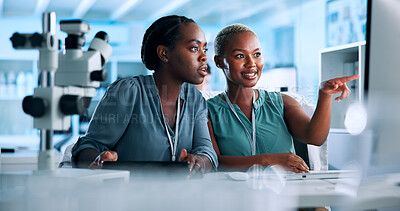 Buy stock photo Teamwork, data scientist or black people reading with computer, tablet or gene editing medical experiment. News, women and innovation consultant with science report, lab test or DNA research results