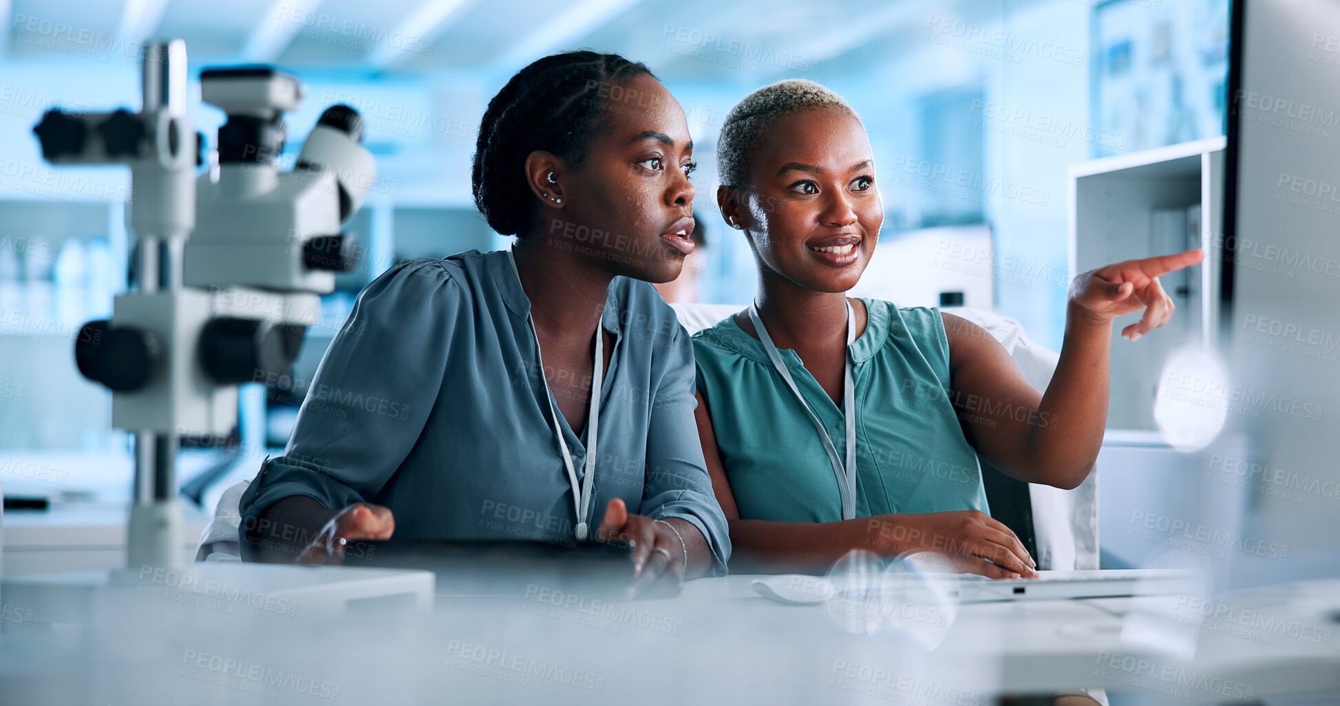 Buy stock photo Teamwork, data scientist or black people reading with computer, tablet or gene editing medical experiment. News, women and innovation consultant with science report, lab test or DNA research results