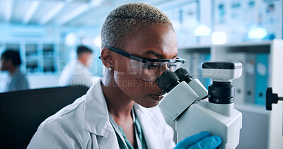 Buy stock photo Science, microscope and research with woman in laboratory for testing, gene editing and healthcare innovation. Medical breakthrough, dna code and genome project with person for biotech analysis