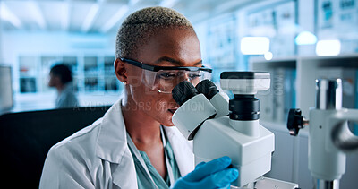 Buy stock photo Laboratory, woman and scientist with microscope for research, medical experiment or test sample. Healthcare, female person and genetic engineer with biotech for pharmaceutical, investigate or science