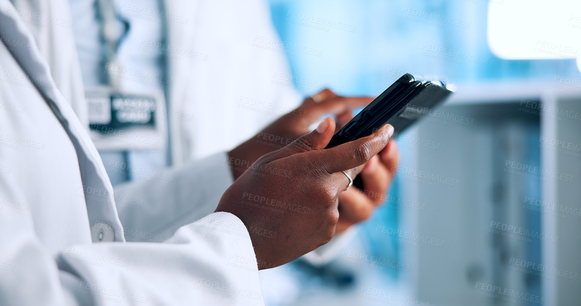 Buy stock photo Hands, science and tablet with people in laboratory for research, gene editing and healthcare. Medical breakthrough, dna code and genome project with closeup of scientist for biotech collaboration