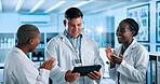 Science, applause and people on tablet in lab celebrate for results, breakthrough and medical success. Healthcare, pharmaceutical and men and women on tech happy for research, discovery and cure