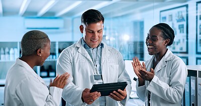 Buy stock photo Science, applause and people on tablet in lab celebrate for results, breakthrough and medical success. Healthcare, pharmaceutical and men and women on tech happy for research, discovery and cure