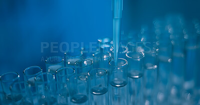 Buy stock photo Science, chemical and research with test tubes in laboratory for drug screening, enzyme analysis or healthcare pipette. Medical study, cell culture and formula with closeup of vials for dna sample