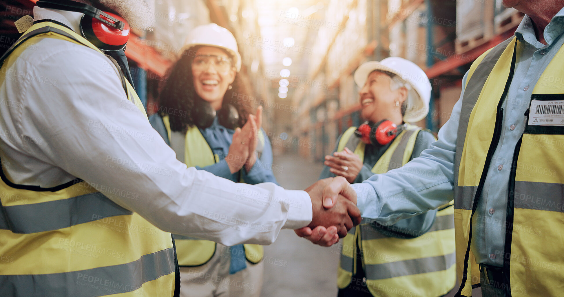Buy stock photo Warehouse, clapping and people with handshake for shipping deal, agreement and celebration. Logistics team, collaboration and workers shaking hands for supply chain, distribution and happy for stock