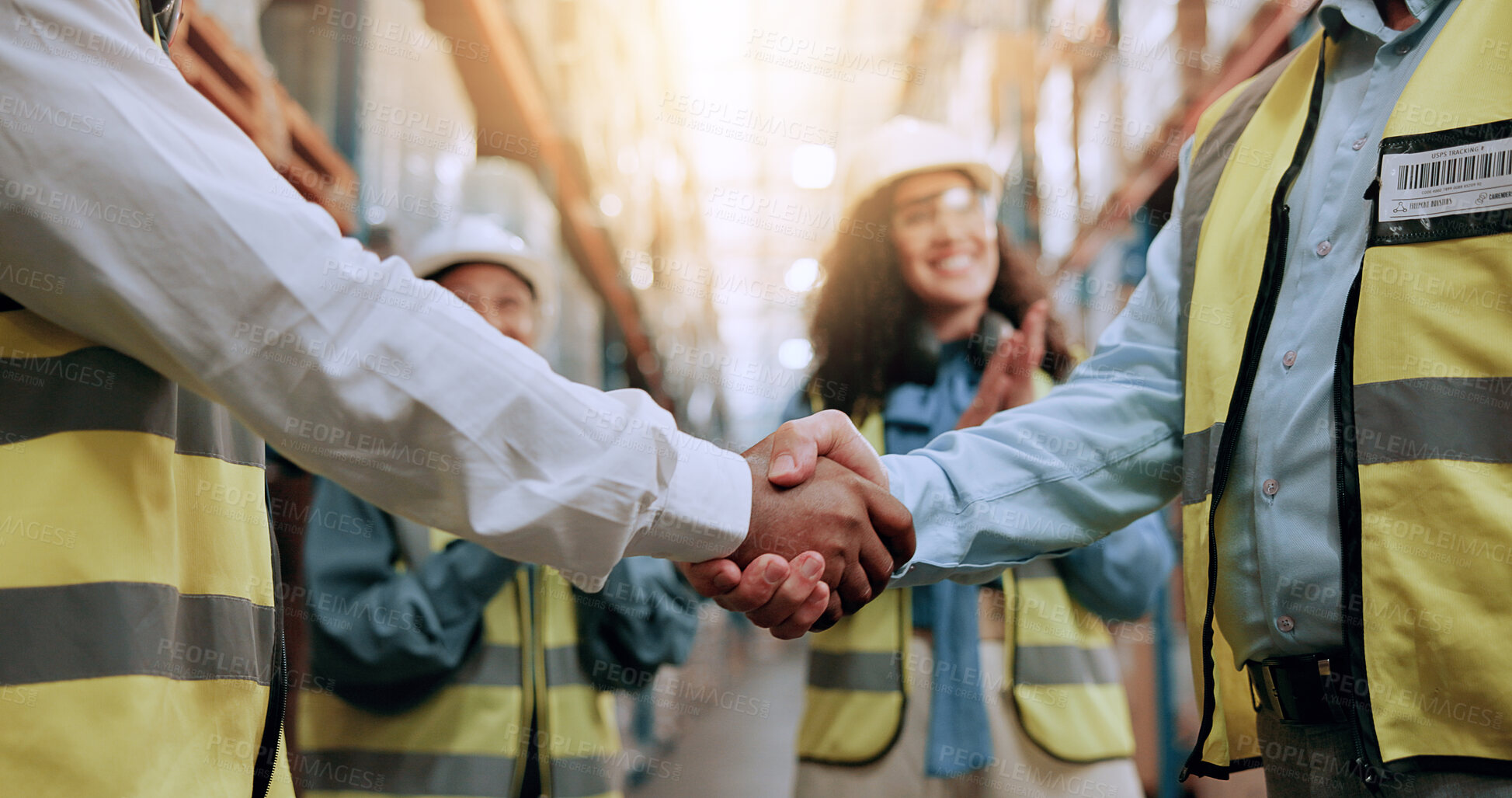 Buy stock photo Warehouse, shipping deal and people with handshake for agreement, applause or partnership. Logistics team, collaboration or workers shaking hands for supply chain, distribution or thank you for stock