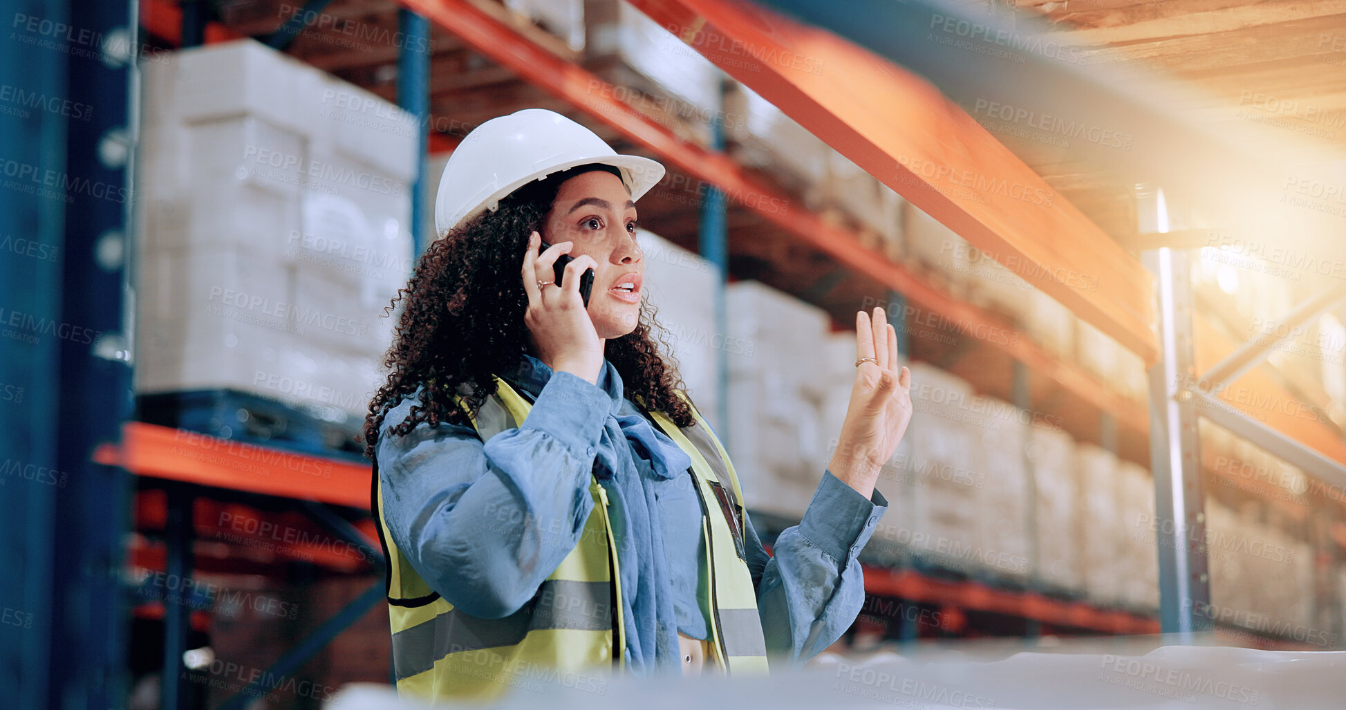 Buy stock photo Woman, phone call and confused at warehouse for logistics with lost order, mistake or stress with storage job. Person, smartphone and frustrated with contact, shock or worry for supply chain at plant