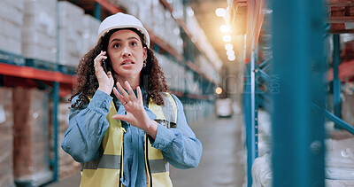 Buy stock photo Woman, phone call and discussion at warehouse for supply chain with contact, networking and distribution industry. Person, smartphone and logistics by shelf, shipping and talking at storage plant