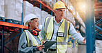 Warehouse, team and tablet to check inventory, stock management or storage planning with mature supervisor. Shipping, engineer and people with technology for supply chain, distribution or logistics