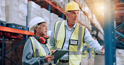 Buy stock photo Warehouse, team and tablet to check inventory, stock management or storage planning with mature supervisor. Shipping, engineer and people with technology for supply chain, distribution or logistics