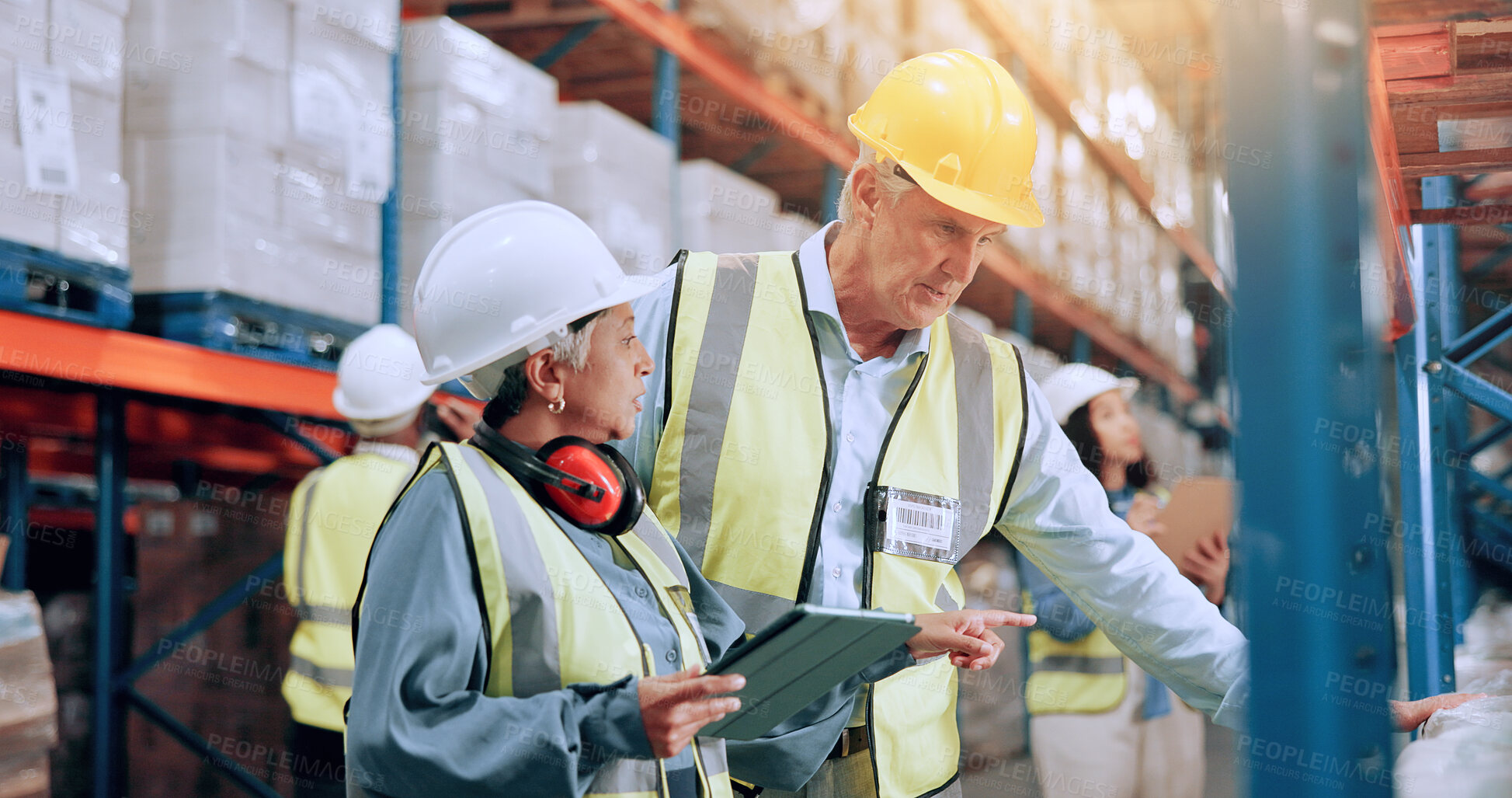 Buy stock photo Warehouse, team and tablet at shelf for inventory, stock inspection or check storage with mature supervisor. Shipping, engineer and people with technology for supply chain, distribution or logistics