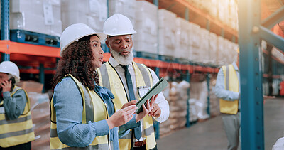 Buy stock photo Warehouse, logistics team and tablet for inventory, stock management or storage planning with mature supervisor. Shipping, engineer and people with technology for supply chain, distribution or cargo